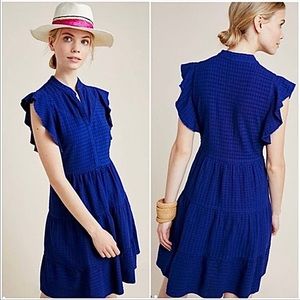 Anthropologie AMADI flutter sleeve mini dress royal blue checker Sz Small